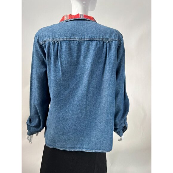 Vintage Denim Shirt With Red Plaid Collar & Pocket Button-Up Size M/L By Thoma 1 - Picture 12 of 16